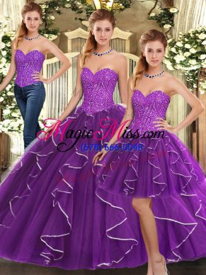 Floor Length Lace Up Quinceanera Gowns Eggplant Purple for Military Ball and Sweet 16 and Quinceanera with Beading and Ruffles