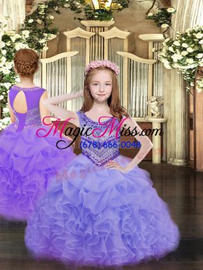 On Sale Lavender Organza Lace Up Scoop Sleeveless Floor Length Little Girls Pageant Gowns Beading and Ruffles and Pick Ups