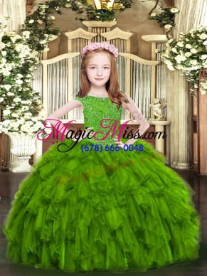 Green Sleeveless Floor Length Beading and Ruffles Zipper Pageant Dress for Womens
