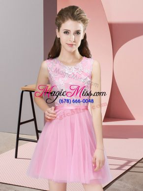 Noble Pink A-line Scoop Sleeveless Tulle Mini Length Side Zipper Lace Bridesmaid Gown