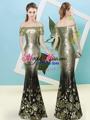 Decent Gold Mermaid Sequins Prom Dress Zipper Sequined Short Sleeves Floor Length