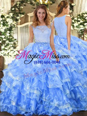 Light Blue Organza Clasp Handle Sweet 16 Dresses Sleeveless Floor Length Lace and Ruffled Layers