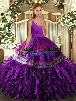 Eggplant Purple V-neck Neckline Beading and Appliques and Ruffles Quinceanera Gown Sleeveless Lace Up
