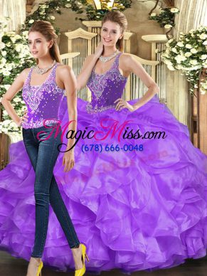 Eggplant Purple and Purple Tulle Lace Up Sweet 16 Dress Sleeveless Floor Length Beading and Ruffles