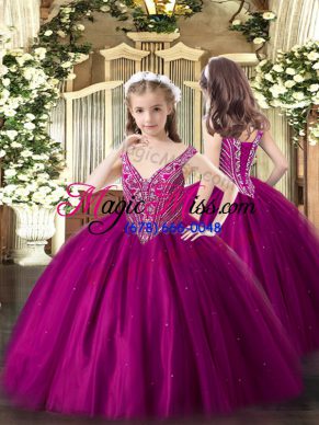 Fuchsia Sleeveless Floor Length Beading Lace Up Pageant Dress Toddler