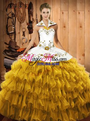 Captivating Gold Ball Gowns Halter Top Sleeveless Satin and Organza Floor Length Lace Up Embroidery and Ruffled Layers Vestidos de Quinceanera