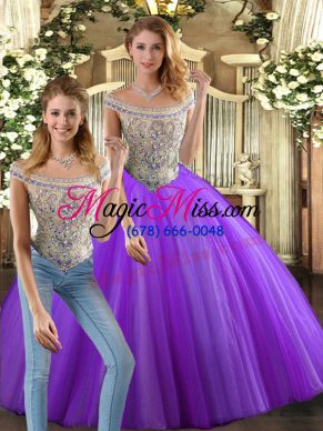 Stunning Floor Length Eggplant Purple Quinceanera Gowns Bateau Sleeveless Lace Up
