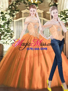 Spectacular Off The Shoulder Sleeveless Lace Up Sweet 16 Quinceanera Dress Orange Red Tulle