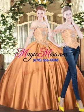 Comfortable Brown Two Pieces Off The Shoulder Sleeveless Tulle Floor Length Lace Up Beading Sweet 16 Quinceanera Dress