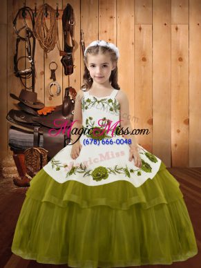 Fantastic Floor Length Olive Green Pageant Dress Organza Sleeveless Embroidery and Ruffled Layers