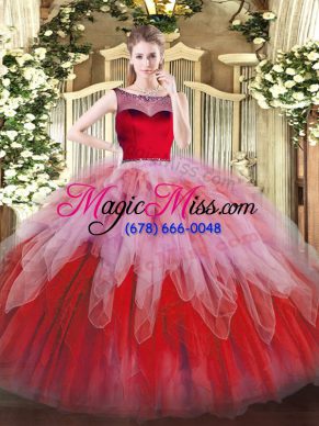 Floor Length Zipper 15th Birthday Dress Multi-color for Sweet 16 and Quinceanera with Beading and Ruffles