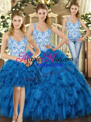 Blue Sleeveless Floor Length Beading and Ruffles Lace Up Sweet 16 Dresses