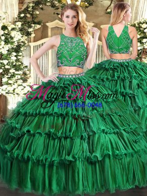 Fabulous Dark Green Sleeveless Floor Length Beading and Appliques and Ruffled Layers Zipper 15th Birthday Dress