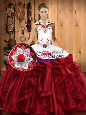 Charming Floor Length Wine Red 15th Birthday Dress Organza Sleeveless Embroidery and Ruffles
