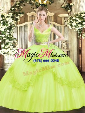 Clearance Yellow Green V-neck Neckline Beading and Appliques Quince Ball Gowns Sleeveless Zipper