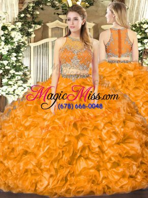 Trendy Orange Red Sleeveless Floor Length Beading and Ruffles Zipper Quinceanera Gowns