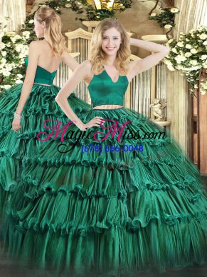 Dark Green Organza Zipper Halter Top Sleeveless Floor Length Sweet 16 Dress Ruffled Layers