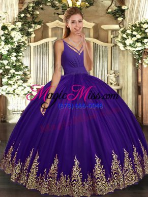 Purple V-neck Backless Appliques Quinceanera Dresses Sleeveless