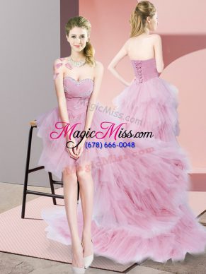 Low Price Baby Pink Lace Up Dama Dress for Quinceanera Beading and Ruffled Layers Sleeveless High Low