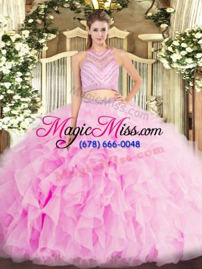 Scoop Sleeveless Quinceanera Dress Floor Length Beading and Ruffles Lilac Tulle