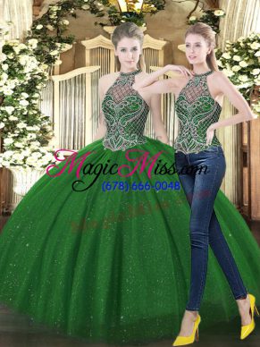 Custom Designed Dark Green High-neck Neckline Beading Vestidos de Quinceanera Sleeveless Lace Up