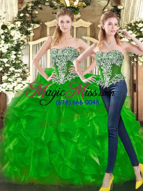 Green Ball Gown Prom Dress Military Ball and Sweet 16 and Quinceanera with Beading and Ruffles Sweetheart Sleeveless Lace Up