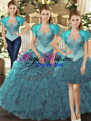Straps Sleeveless Tulle Quince Ball Gowns Beading and Ruffles Lace Up