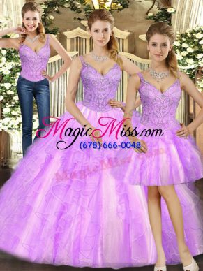 Fabulous Lilac Quinceanera Gowns Military Ball and Sweet 16 and Quinceanera with Beading and Ruffles Straps Sleeveless Lace Up