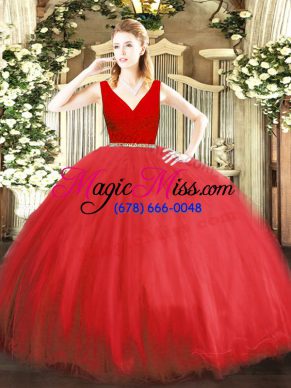 Suitable V-neck Sleeveless Quinceanera Dress Floor Length Beading Red Tulle