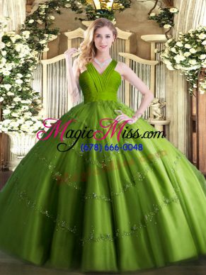 High Class Sleeveless Tulle Floor Length Zipper Sweet 16 Dresses in Olive Green with Beading