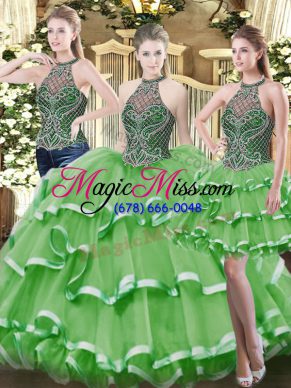 Custom Fit Sleeveless Lace Up Floor Length Beading and Ruffled Layers Vestidos de Quinceanera