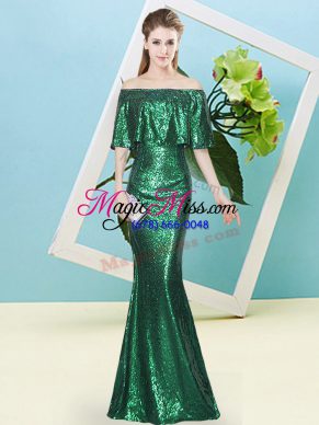 Flirting Dark Green Half Sleeves Sequined Zipper Prom Dress for Prom and Party