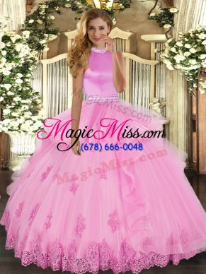 Adorable Rose Pink Ball Gowns Halter Top Sleeveless Tulle Floor Length Backless Beading and Ruffles Ball Gown Prom Dress