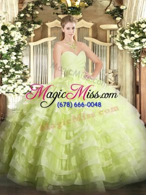 Chic Yellow Green Ball Gowns Sweetheart Sleeveless Organza Floor Length Lace Up Beading and Ruffled Layers Ball Gown Prom Dress