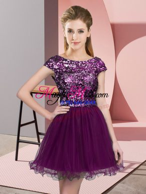 Nice Purple A-line Scoop Cap Sleeves Tulle Mini Length Zipper Sequins Bridesmaid Dress