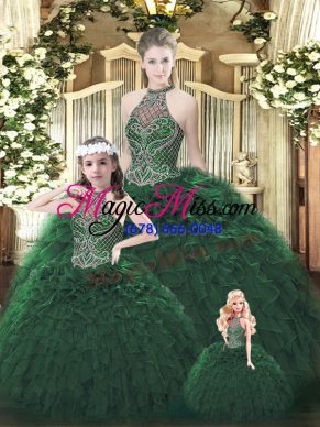 Halter Top Sleeveless Ball Gown Prom Dress Floor Length Beading and Ruffles Dark Green Organza