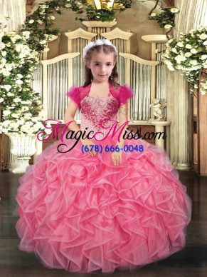Floor Length Coral Red Little Girls Pageant Gowns Straps Sleeveless Lace Up