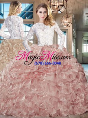 Exceptional Pink And White Quinceanera Dresses Lace and Fabric With Rolling Flowers Brush Train Long Sleeves Beading and Ruffles