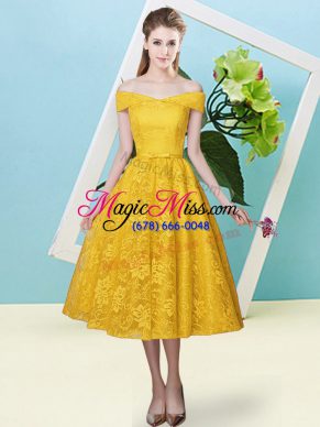Cap Sleeves Tea Length Bowknot Lace Up Bridesmaid Dress with Gold