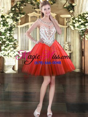 Red Tulle Zipper Prom Party Dress Sleeveless Mini Length Beading