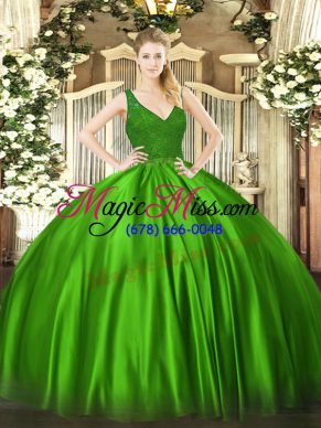 Green Ball Gowns Beading and Lace 15 Quinceanera Dress Backless Satin Sleeveless Floor Length