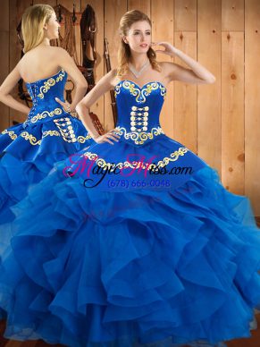 Extravagant Blue Sleeveless Satin and Organza Lace Up Quinceanera Gown for Military Ball and Sweet 16 and Quinceanera