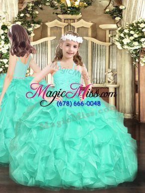 Floor Length Turquoise Little Girls Pageant Dress Wholesale Straps Sleeveless Zipper