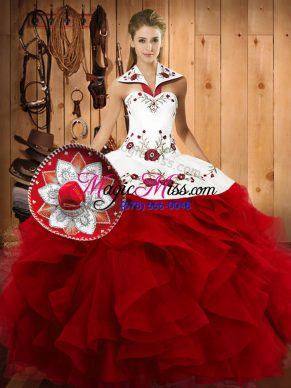 Halter Top Sleeveless Satin and Organza Sweet 16 Dress Embroidery and Ruffles Lace Up