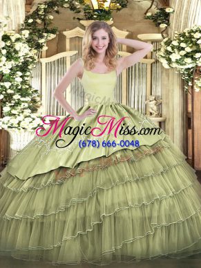 Sleeveless Organza Floor Length Zipper Sweet 16 Dress in Olive Green with Embroidery and Ruffled Layers