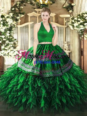 Most Popular Sleeveless Floor Length Appliques and Ruffles Zipper Vestidos de Quinceanera with Dark Green