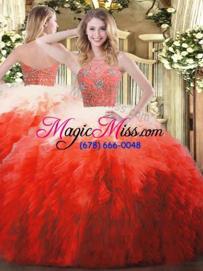 Smart Halter Top Sleeveless Quince Ball Gowns Floor Length Beading and Ruffles Multi-color Tulle