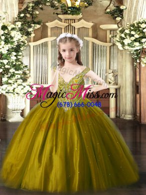 Ball Gowns Girls Pageant Dresses Brown V-neck Tulle Sleeveless Floor Length Lace Up