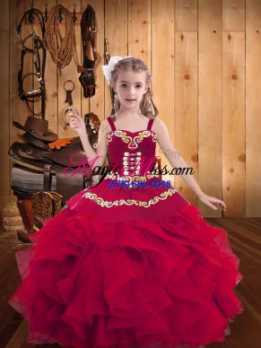 Red Lace Up Straps Embroidery and Ruffles Pageant Dress Toddler Organza Sleeveless