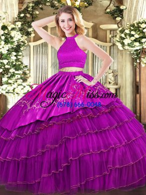 Organza Halter Top Sleeveless Backless Beading and Embroidery and Ruffled Layers Sweet 16 Dresses in Fuchsia